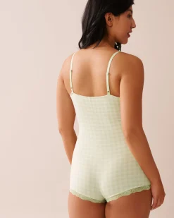 la Vie en Rose The Peachy Dream Collection>Gingham Print Super Soft Sleeveless Romper Green Gingham