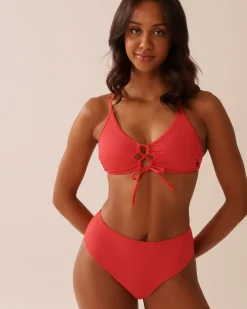la Vie en Rose Texture Play|Summer Romance>HIBISCUS Crisscross Detail Ribbed Bralette Bikini Top Hibiscus Red