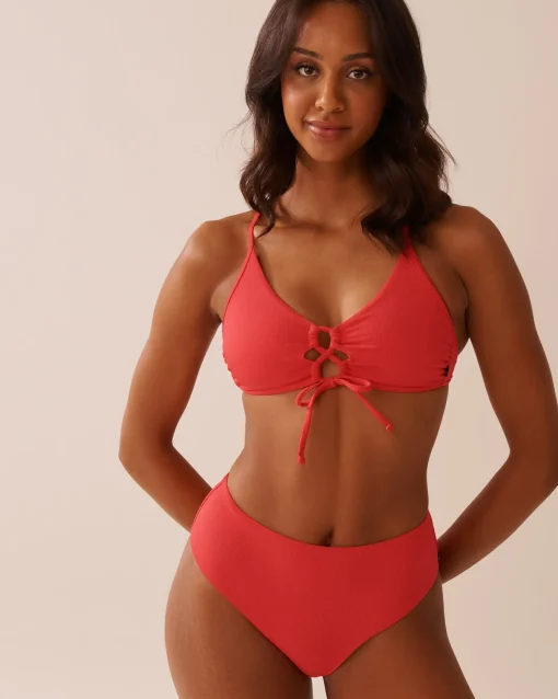 la Vie en Rose Texture Play|Summer Romance>HIBISCUS Ribbed Mid-rise Cheeky Bikini Bottom Hibiscus Red