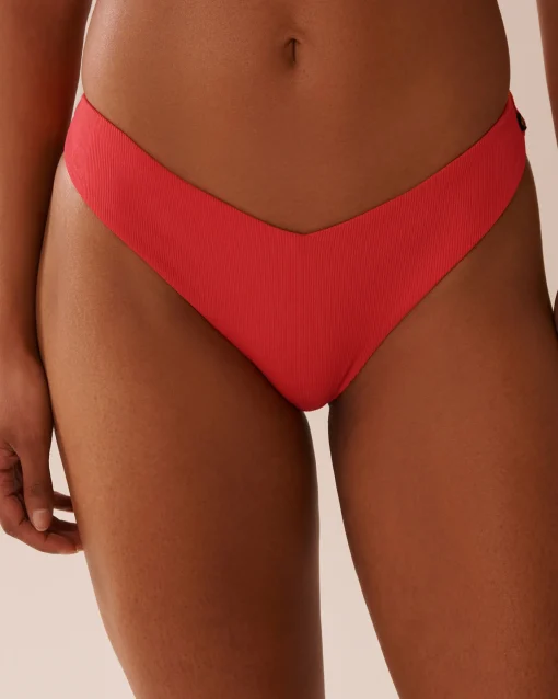 la Vie en Rose Texture Play|Summer Romance>HIBISCUS Ribbed Thong Bikini Bottom Hibiscus Red