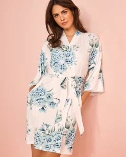 la Vie en Rose The Peachy Dream Collection>Hydrangea Print Super Soft Kimono Blue Hydrangea Garden