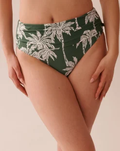 la Vie en Rose Bottoms>Draped Mid Waist Bikini Bottom Khaki Palm