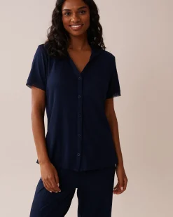 la Vie en Rose Tops>Lace Trim Ribbed Jersey Button-down Shirt Navy Blue