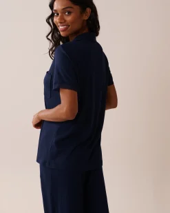 la Vie en Rose Tops>Lace Trim Ribbed Jersey Button-down Shirt Navy Blue