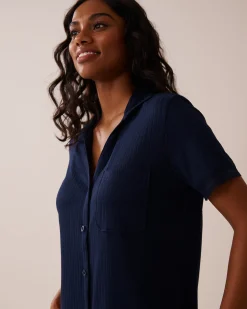 la Vie en Rose Tops></noscript>Lace Trim Ribbed Jersey Button-down Shirt Navy Blue