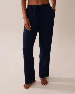 la Vie en Rose Bottoms>Lace Trim Ribbed Jersey Pajama Pants Navy Blue