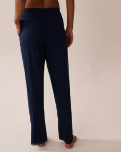 la Vie en Rose Bottoms>Lace Trim Ribbed Jersey Pajama Pants Navy Blue