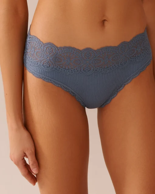 la Vie en Rose Thong>Lace Trim Ribbed Thong Panty Mirage Blue