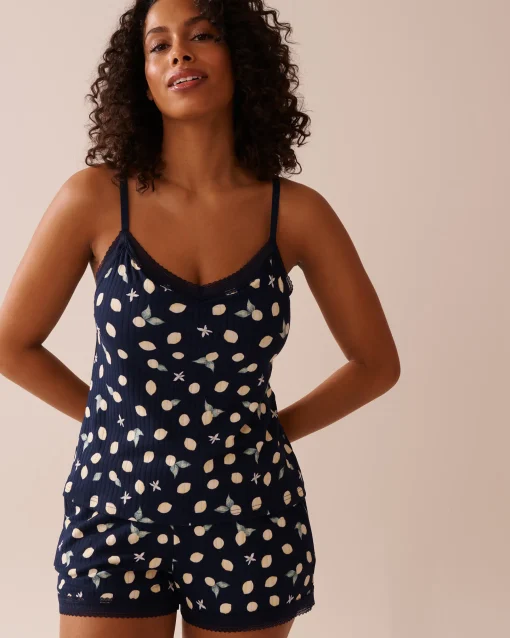 la Vie en Rose Tops>Lemon Print Lace Trim Ribbed Jersey Cami Navy Blue/Lemons