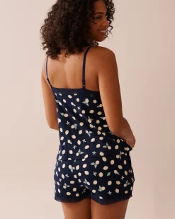 la Vie en Rose Tops>Lemon Print Lace Trim Ribbed Jersey Cami Navy Blue/Lemons