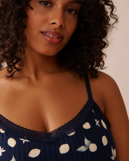 la Vie en Rose Tops>Lemon Print Lace Trim Ribbed Jersey Cami Navy Blue/Lemons