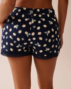 la Vie en Rose Bottoms>Lemon Print Lace Trim Ribbed Jersey Pajama Shorts Navy Blue/Lemons