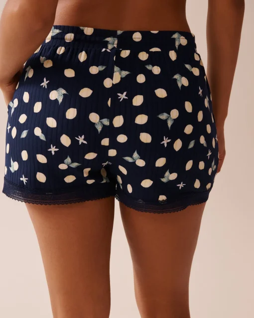 la Vie en Rose Bottoms>Lemon Print Lace Trim Ribbed Jersey Pajama Shorts Navy Blue/Lemons