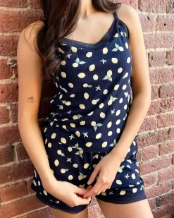 la Vie en Rose Bottoms></noscript>Lemon Print Lace Trim Ribbed Jersey Pajama Shorts Navy Blue/Lemons