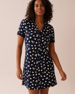 la Vie en Rose Nightshirts>Lemon Print Lace Trim Ribbed Jersey Sleepshirt Navy Blue/Lemons