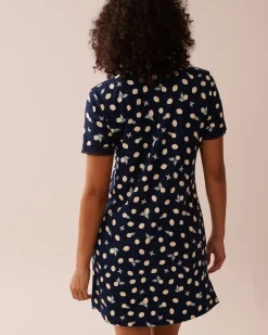 la Vie en Rose Nightshirts>Lemon Print Lace Trim Ribbed Jersey Sleepshirt Navy Blue/Lemons