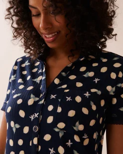 la Vie en Rose Nightshirts></noscript>Lemon Print Lace Trim Ribbed Jersey Sleepshirt Navy Blue/Lemons