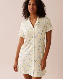 la Vie en Rose The Peachy Dream Collection|Nightshirts>Lemon Print Super Soft Button-down Sleepshirt White/Lemons