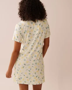 la Vie en Rose The Peachy Dream Collection|Nightshirts>Lemon Print Super Soft Button-down Sleepshirt White/Lemons