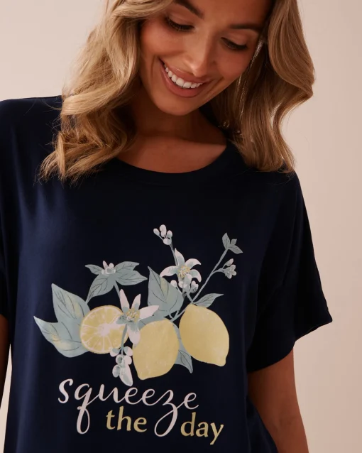 la Vie en Rose The Peachy Dream Collection|Tops>Lemon Print Super Soft Loose Fit T-shirt Navy Blue