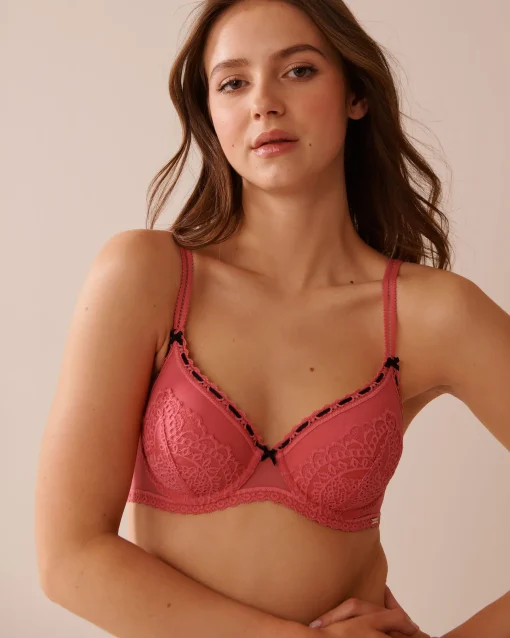 la Vie en Rose Full Coverage|Lightly Lined>Lightly Lined Lace and Mesh Bra Watermelon Pink
