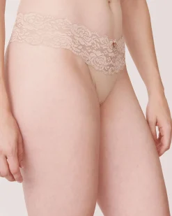 la Vie en Rose Thong>Microfiber and Wide Lace Band Thong Panty Latte