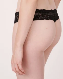 la Vie en Rose Thong>Microfiber and Wide Lace Band Thong Panty Black