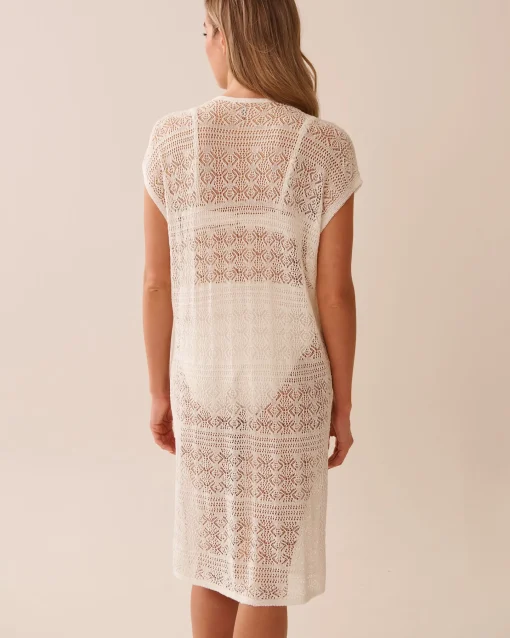 la Vie en Rose Texture Play|On Neutral Ground>Open-Front Crochet Caftan Coconut Milk