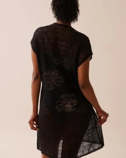 la Vie en Rose Always So Chic|Texture Play></noscript>Open-Front Crochet Caftan Black
