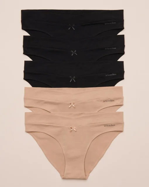 la Vie en Rose Panty Packs|Cotton Panties>5-Pack Cotton Bikini Panty Black/Latte