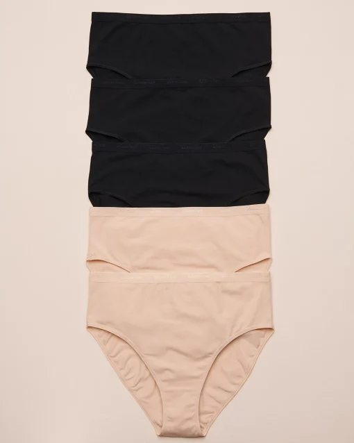 la Vie en Rose Panty Packs|Cotton Panties>5-Pack Cotton High Waist Bikini Panty Black/Beige