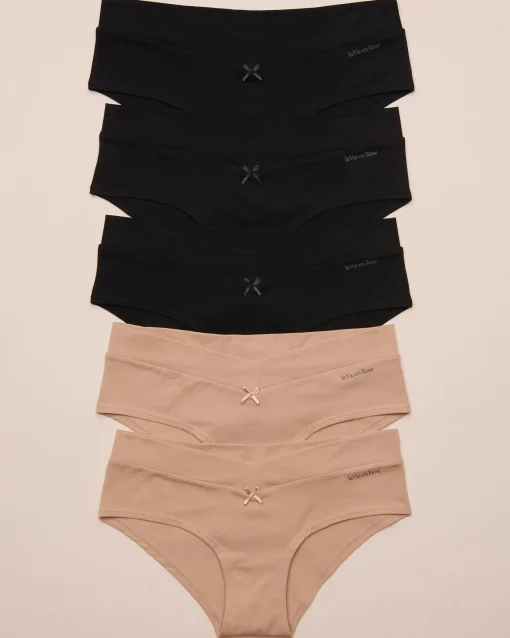 la Vie en Rose Panty Packs|Cotton Panties>5-Pack Cotton Hiphugger Panty Black/Latte