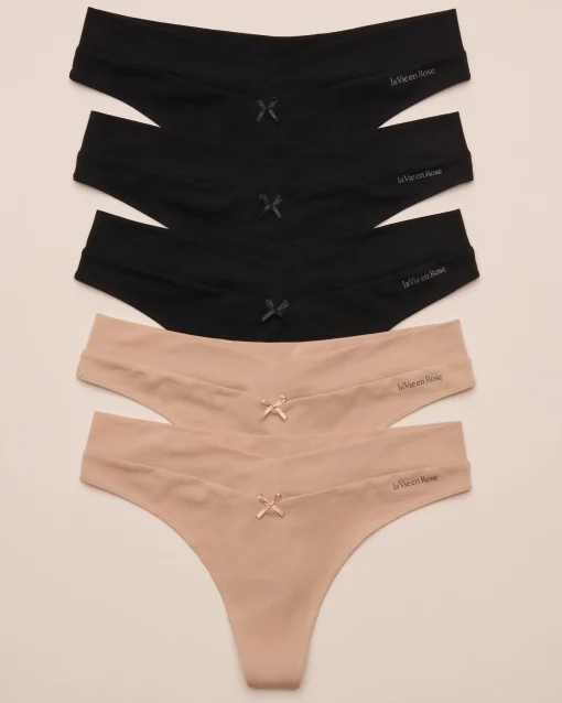 la Vie en Rose Panty Packs|Cotton Panties>5-Pack Cotton Thong Panty Black/Latte