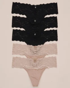 la Vie en Rose Panty Packs|Thong>5-Pack Microfiber and Wide Lace Band Thong Panty Black/Beige