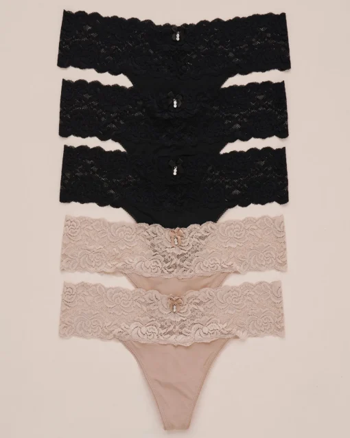 la Vie en Rose Panty Packs|Thong>5-Pack Microfiber and Wide Lace Band Thong Panty Black/Beige