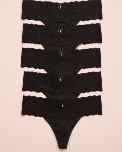 la Vie en Rose Panty Packs|Thong>5-Pack Microfiber and Wide Lace Band Thong Panty Black