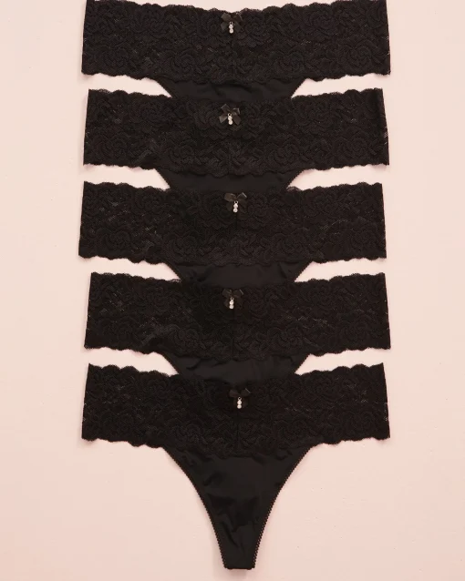 la Vie en Rose Panty Packs|Thong>5-Pack Microfiber and Wide Lace Band Thong Panty Black