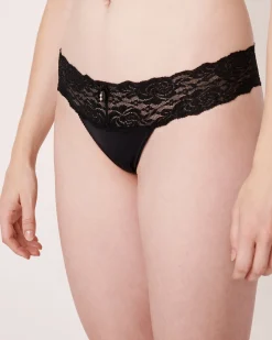 la Vie en Rose Panty Packs|Thong>5-Pack Microfiber and Wide Lace Band Thong Panty Black
