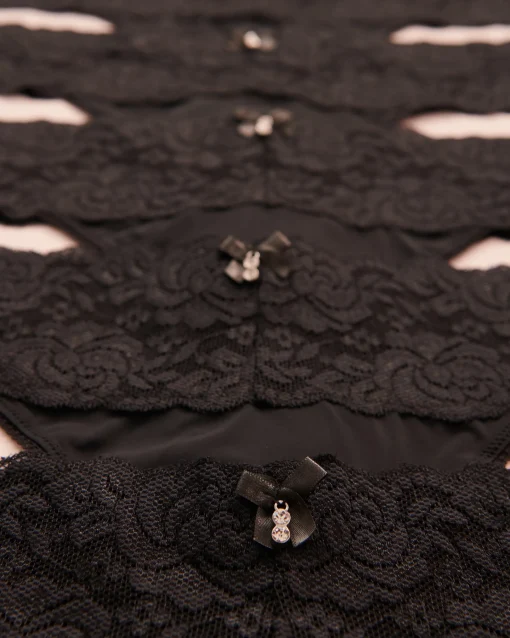 la Vie en Rose Panty Packs|Thong>5-Pack Microfiber and Wide Lace Band Thong Panty Black