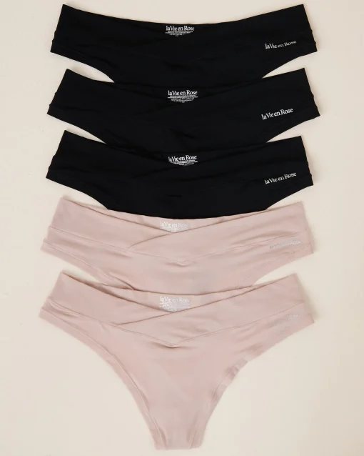 la Vie en Rose Panty Packs|Thong>5-Pack Perfect Fit Thong Panty Black/Shadow Grey