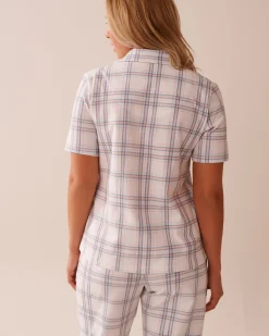 la Vie en Rose Cotton Pajamas|Tops>Peach Plaid Cotton Button-down Shirt Peach & Blue Stripe