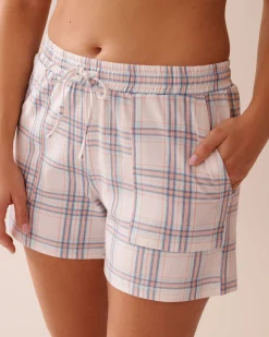 la Vie en Rose Cotton Pajamas|Bottoms>Peach Plaid Cotton Pajama Shorts Peach & Blue Stripe