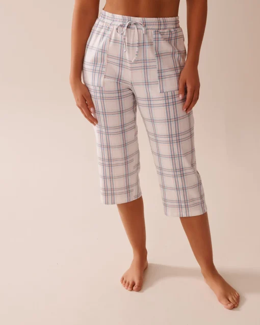 la Vie en Rose Cotton Pajamas|Bottoms>Peach Plaid Cotton Pajama Capris Peach & Blue Stripe