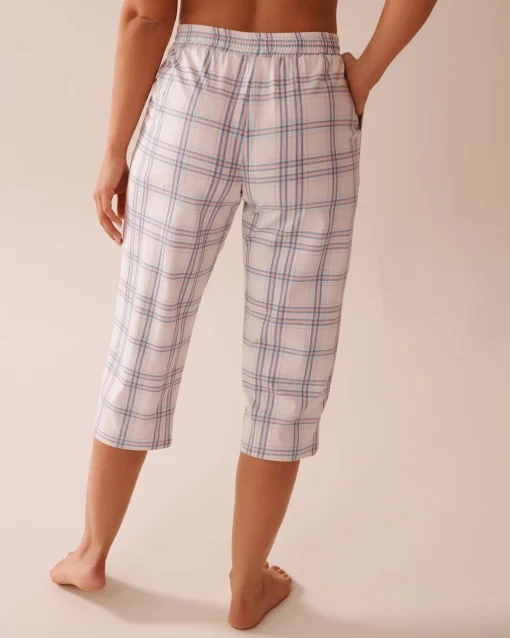 la Vie en Rose Cotton Pajamas|Bottoms>Peach Plaid Cotton Pajama Capris Peach & Blue Stripe