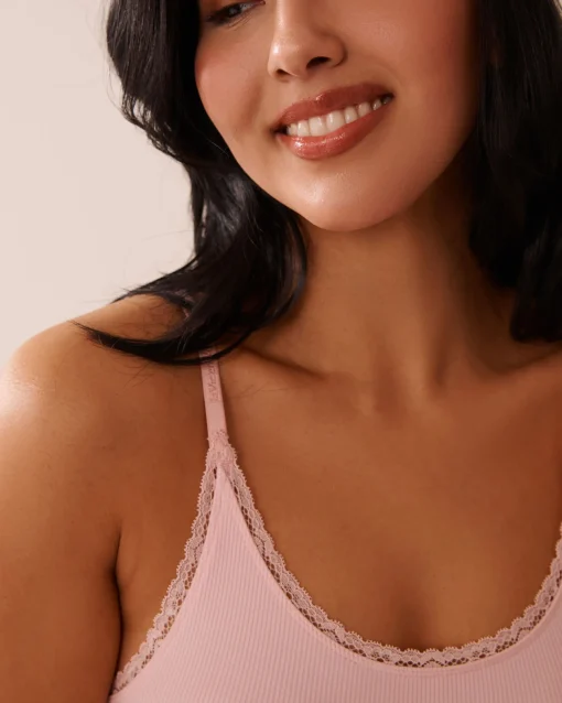 la Vie en Rose Modal Pajamas>Ribbed Modal and Lace Trim Bodysuit with Shelf Bra Peony Pink