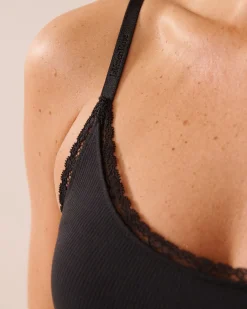 la Vie en Rose Modal Pajamas></noscript>Ribbed Modal and Lace Trim Bodysuit with Shelf Bra Black