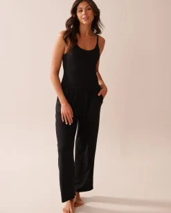 la Vie en Rose Modal Pajamas></noscript>Ribbed Modal and Lace Trim Bodysuit with Shelf Bra Black