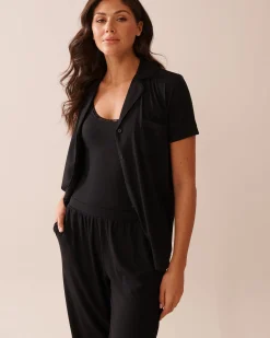 la Vie en Rose Modal Pajamas></noscript>Ribbed Modal and Lace Trim Bodysuit with Shelf Bra Black