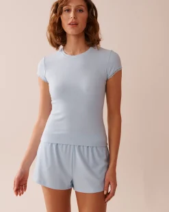 la Vie en Rose Modal Pajamas|Tops>Ribbed Modal and Lace Trim T-shirt Cool Blue