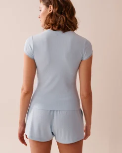 la Vie en Rose Modal Pajamas|Tops>Ribbed Modal and Lace Trim T-shirt Cool Blue